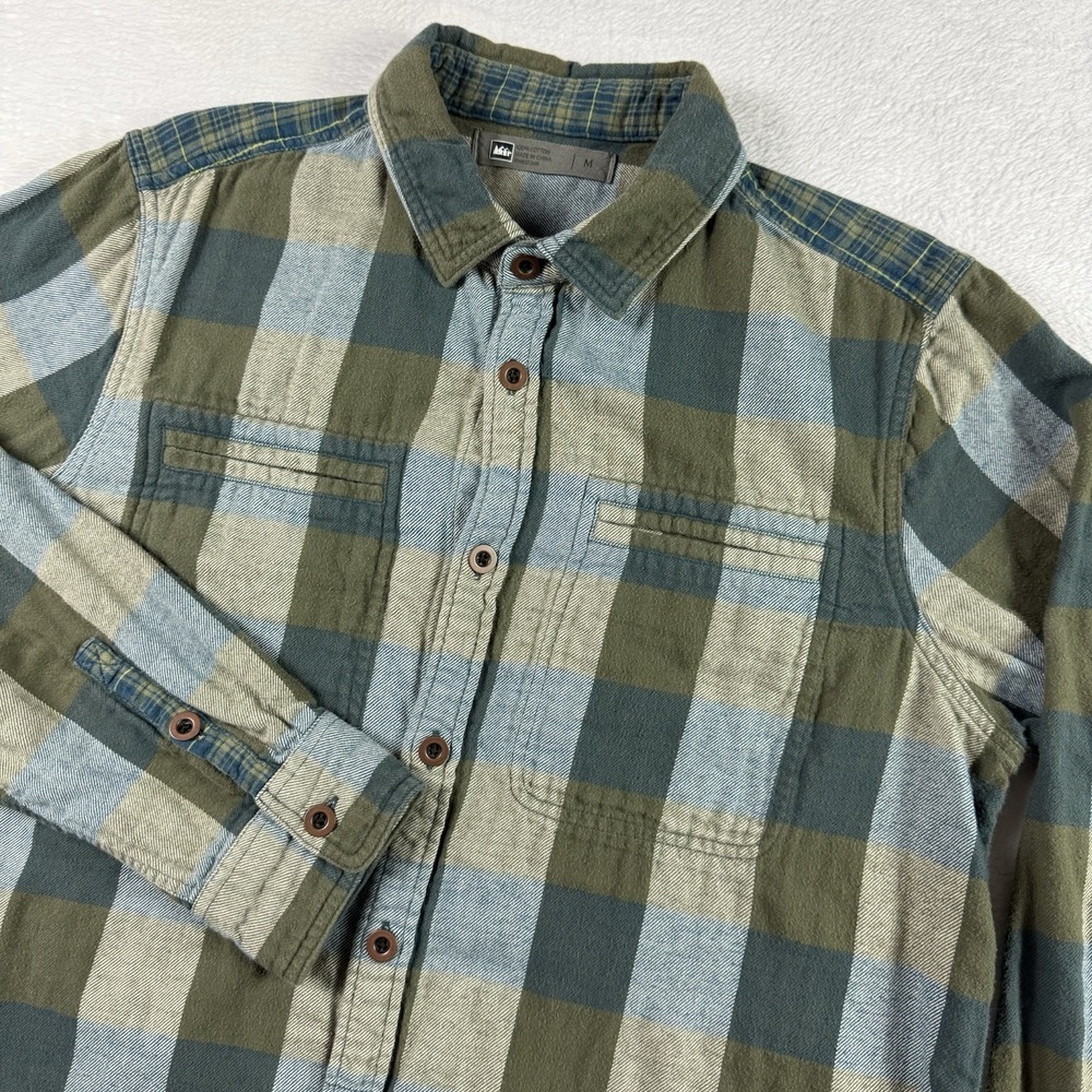 REI Flannel Shirt Men's‎ Size Medium Green Blue Plaid Casual Button Up Shirt